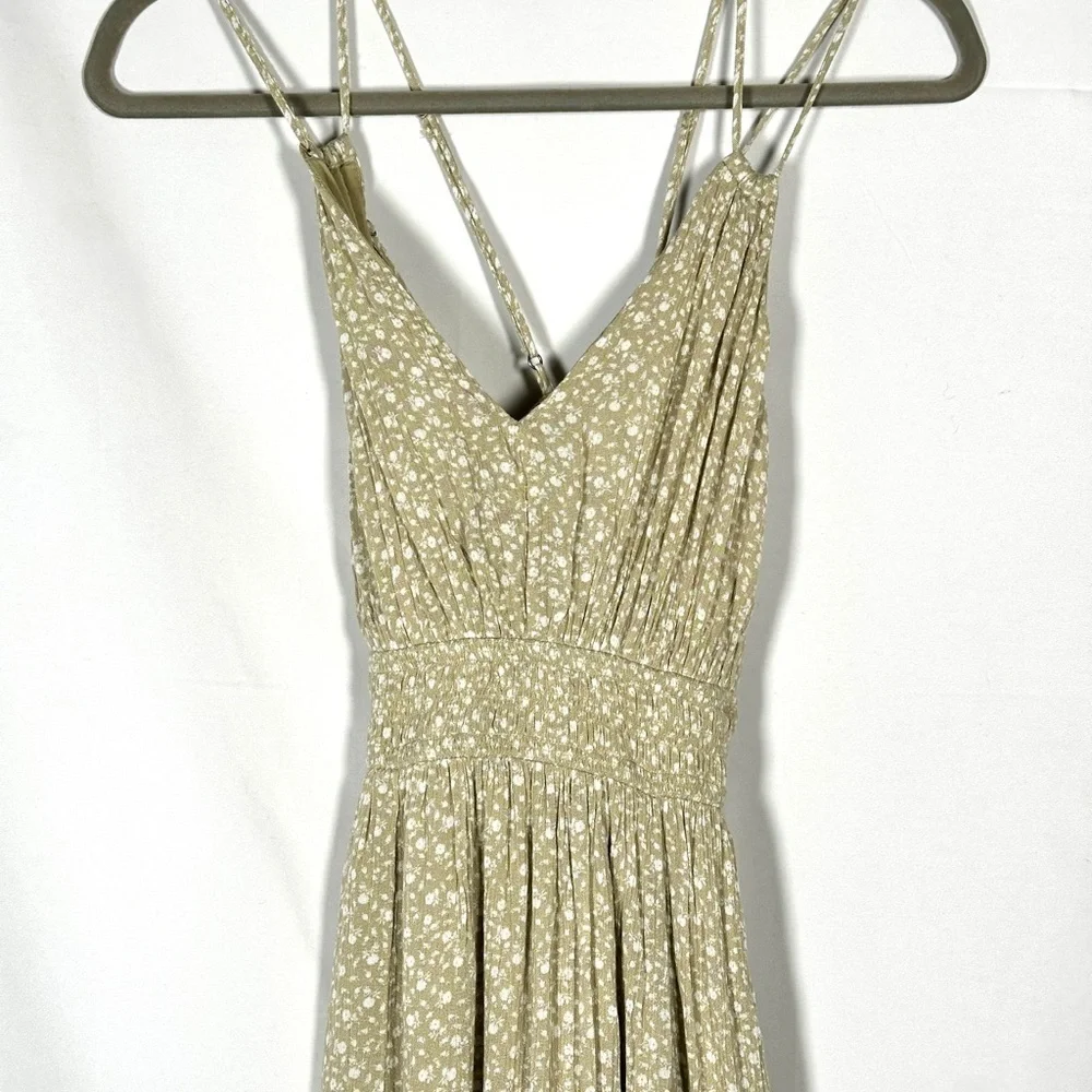 Abercrombie & Fitch Floral Viscose Maxi Dress Olive Green Smocked Strappy XS
